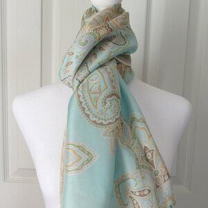 TALBOTS 100% Silk SCARF Paisley Print Light Blue Green Tan Soft Elegant Summer